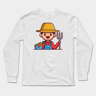 Farmer With Basket Vegetables And Ground Fork Long Sleeve T-Shirt